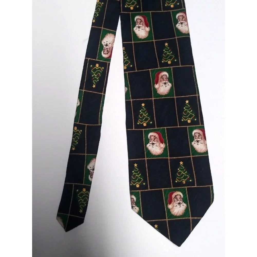 Robert Stock Mens Tie Necktie Santa & Christmas tree print 100% SILK USA MADE